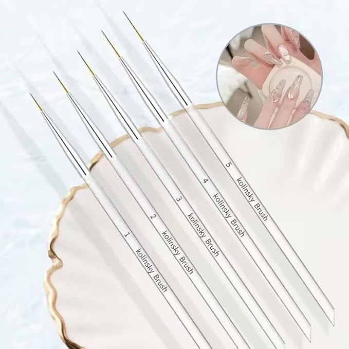 5Pcs Kolinsky Nail Art Liner Brushes Set, Precision Striping Brushes for Long Lines & Intricate Details, Sizes 7/9/13/18/25mm Fine Liner Pens for Gel Polish & DIY Nail Design