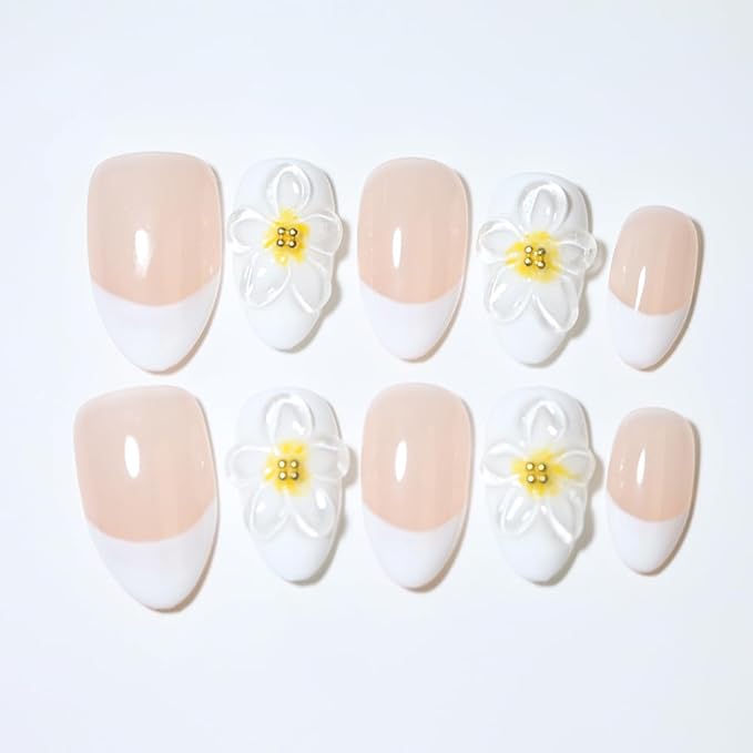 10 Medium Handmade Press On Nails | with 3D Floral and French design False Nails | Skip Salon Trips, Easy to Apply & Remove, Reusable (A016, S)