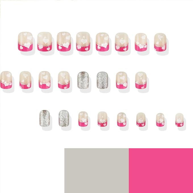 24Pcs Valentines Press on Nails French Tip Short Square Fake Nails with Heart False Nails Rose Pink Nail Tips Acrylic Nails Silver Glitter Valentines Glue on Nails for Women DIY Manicure Design