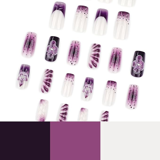 3D Press on Nails Long Square Dark Purple Fake Nails with Flower Design French Tip False Nails Full Cover Glossy Stick on Nails for Women Manicure 24PCS
