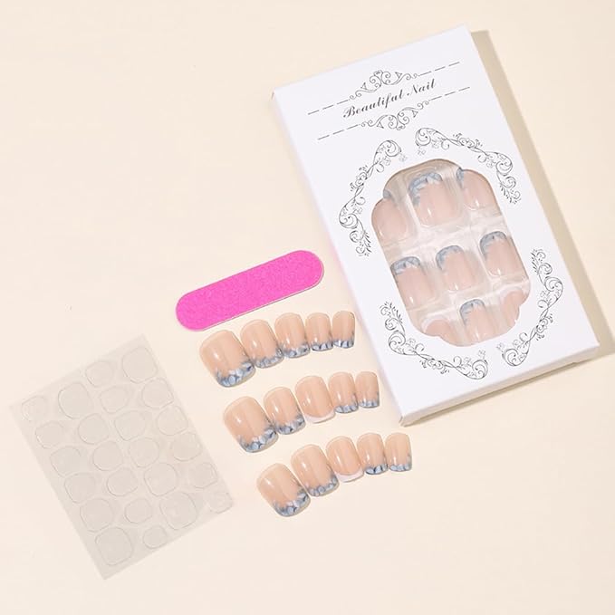 Press on Nails Square Short Spring Fake Nails Press ons Flower French Nail Art Tips Artificial Acrylic Kit Full Cover Pink False Nails with Glossy Design Stick on Nails for Women 24Pcs