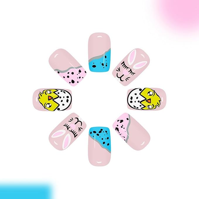 24 Pcs Easter Day Press on Nails Medium Square Fake Nails with Bunny Flower Design Pink French Tip False Nail Full Cover Easter Acrylic Nail Stick on Nails for Women DIY Manicure Decoration