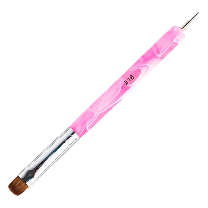French Manicure Brush - 2 Way Nail Art Brush with Dotting Tool for Manicure Cuticle Clean Up - Professional Salon Quality, Nail Dotting Pen (Peach, 16#)