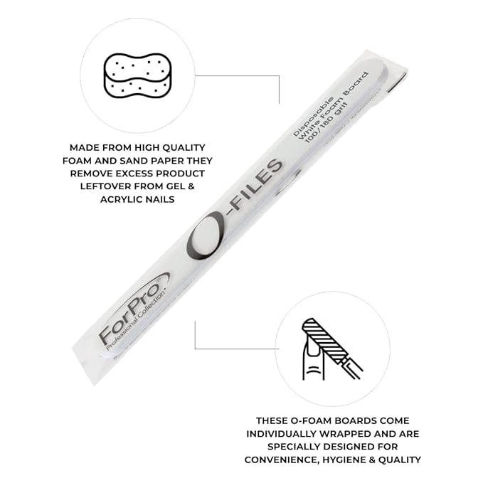ForPro Professional Collection O-Files Foam Board, Double-Sided Manicure Nail File, 100/180 Grit, Individually-Wrapped, 6" L x .75" W, White, 100-Count