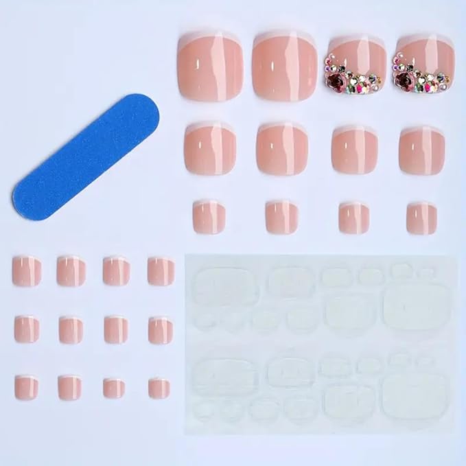 White French Tip Press On Toenails Short Square Fake Toes with Design Rhinestone Glue on Toe Nails Shiny Bling Summer False Toenails Full Cover Reusable for Women Girls Foot Manicure 24pcs