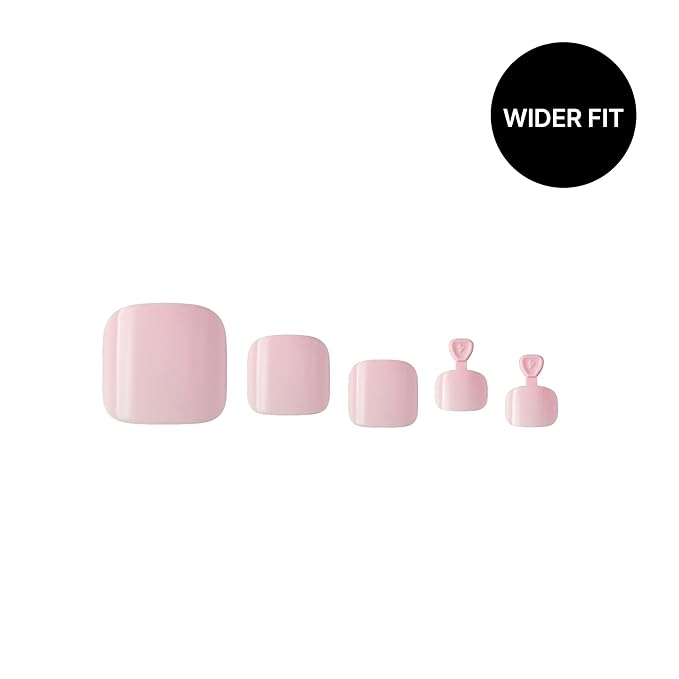 GoldFinger 24 Pcs Press On Toenails, Wide Fit Fake Nails, Baby Pink Gel Stick On Extensions, Reusable DIY Pedicure False Nail Kit with Glue, Cuticle Stick & File, 7 Day Long Lasting Wear