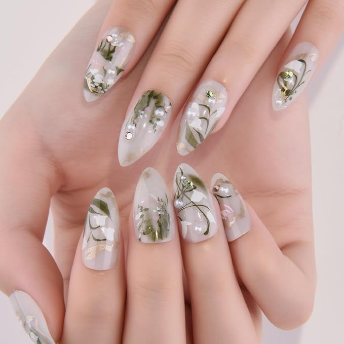 evpct 3D Light Green Handmade Press On Nails Almond Medium, 3D Water Plants Design Fake Nails Rusable for Spring & Summer Daily Wear, False Acrylic Nail with Kits Press ons Nail for Women Gift, 24Pcs