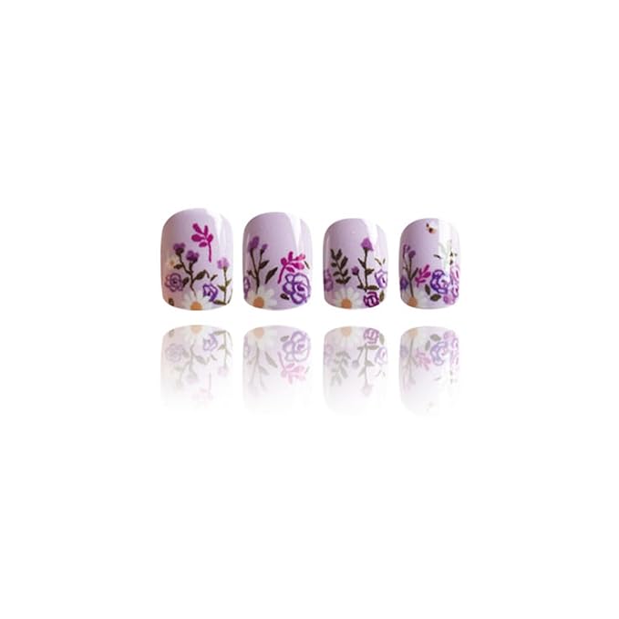 Short Press on Nails Square Fake Nails Purple Flower Bee Design Full Cover Acrylic Nails Press ons Purple Floral False Nails Cute Spring Summer Artificial Stick on Nails for Women Girls 24 Pcs