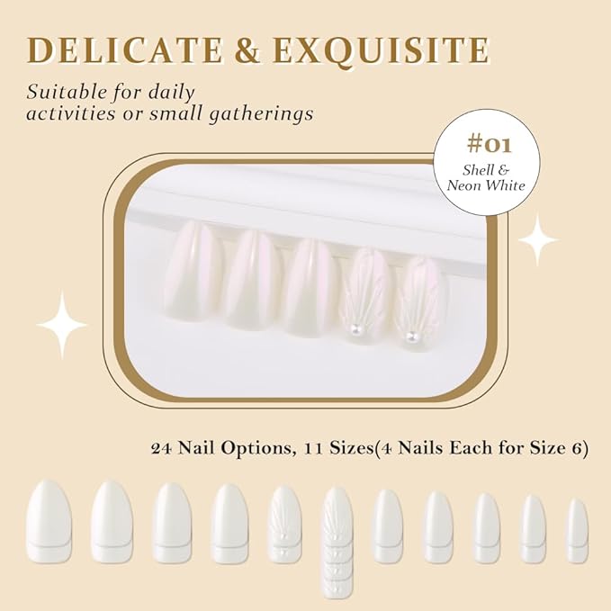 evpct Chrome Press on Nails Short Almond, Glazed Aurora White Holographic Glossy Acrylic Soft Gel Fake Nails Kit with 3D Shell Pearl Designs, Stick on Nails with Nail Kit, Reusable Stick on Nail Kit