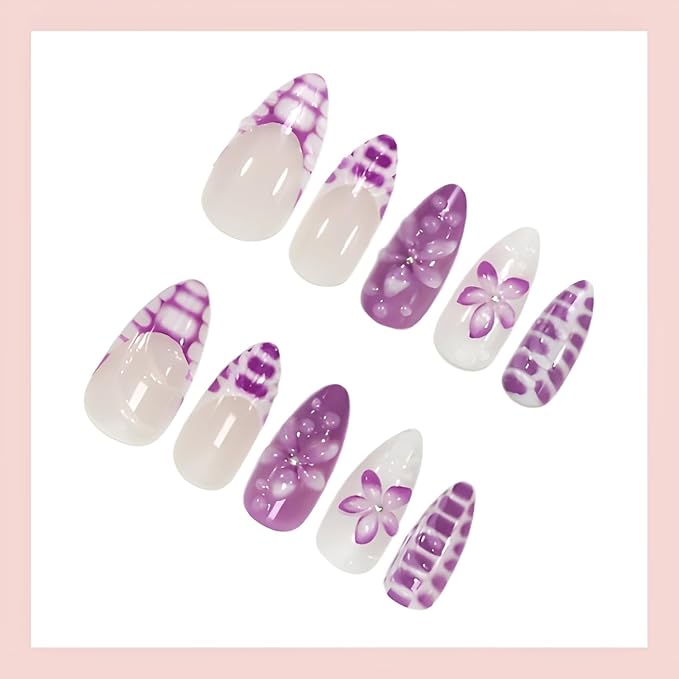 Purple Flower Press on Nails Long Almond Fake Nails French Tip Nails Press Ons Purple False Nails with Rhinestones Design Glossy Stick on Nail Spring Acrylic Glue on Nail for Women Set 24Pcs