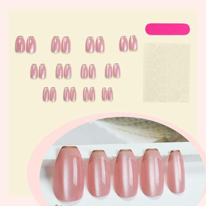 Press on Nails Almond Cat Eye French Fake French Fake Nails Reusable Nail Kit with Nail Glue Adhesive Tabs Mini Nail File for Women Manicure Art Decoration 24PCS