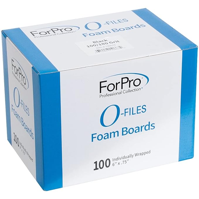 ForPro Professional Collection O-Files Foam Board, Double-Sided Manicure Nail File, 100/180 Grit, Individually-Wrapped, 6” L x .75” W, Black, 100-Count