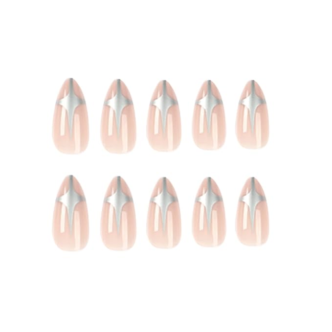 Press On Nails - Doji Star Nude Nails, 24 Pcs Reusable Silve Nude Fake Nails with Medium Almond Shape, Design for Women and Girls