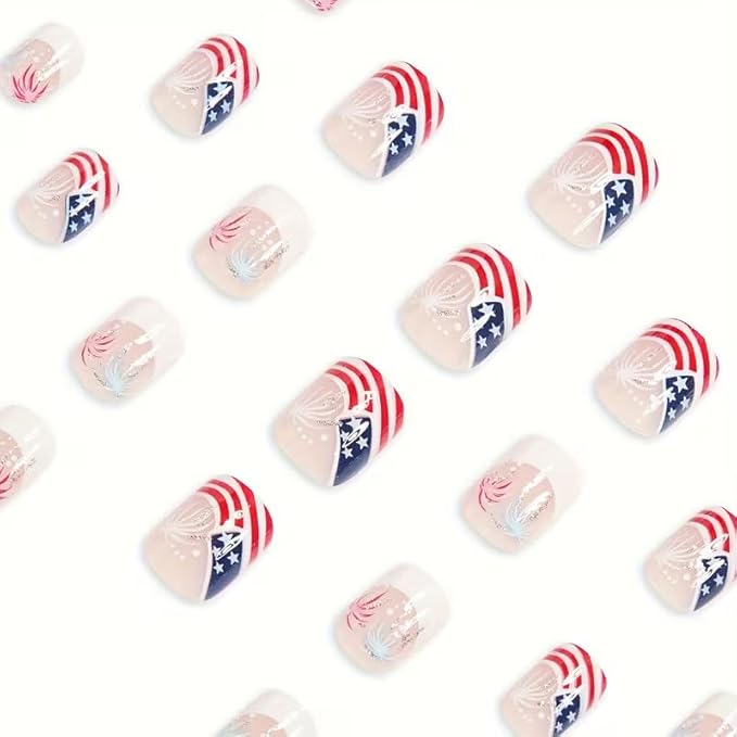 Independence Day Press on Nails Short Square Fake Nails White French Tip False Nails with Fireworks Designs Full Cover America Flag Stick on Nails Reusable Acrylic Nails for Women 4th of July 24Pcs