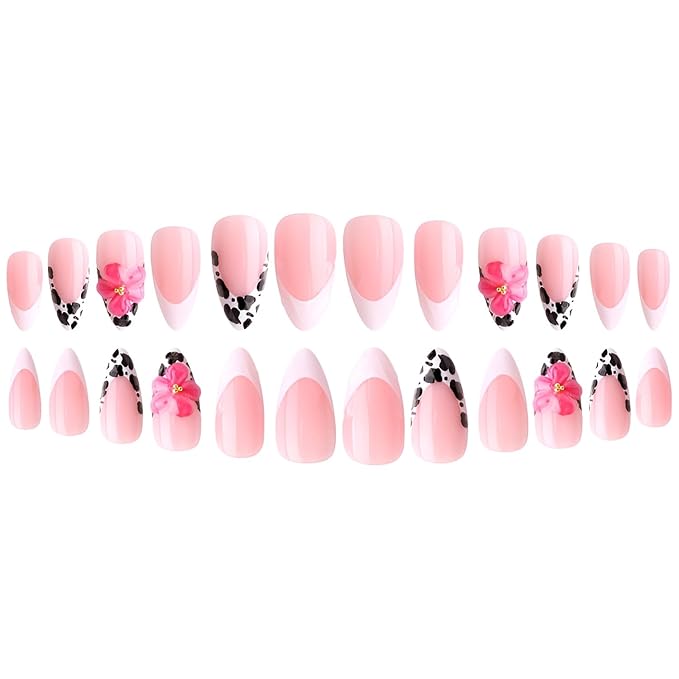 French Tip Press on Nails Medium Almond Fake Nails 3D Flower Nails Press Ons with Rhinestones Design Leopard Print False Nails Glossy Glue on Nail Acrylic Stick on Nail for Women 24Pcs