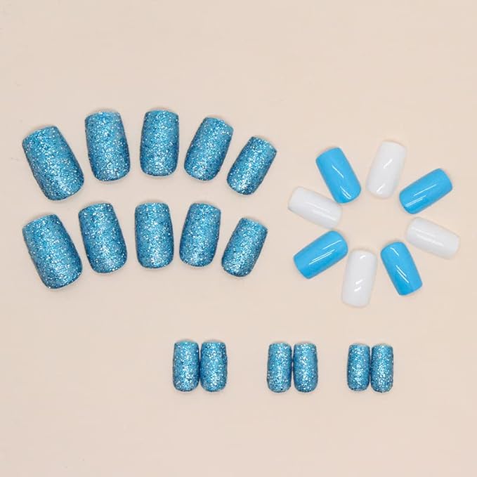 Blue Press on Nails Medium Square Fake Nails Glitter Nails Press ons with Design Reusable Artificial Nail Glossy Full Cover Glue on Nail Stick on Nails for Women Manicure 24Pcs