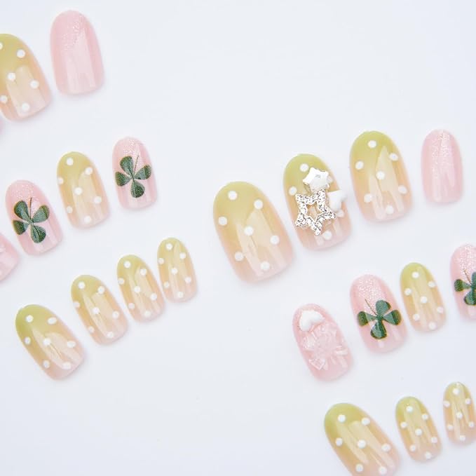 24Pcs St. Patrick's Day Press on Nails Short Oval Spring Fake Nails with 3D Bow Acrylic Nails Irish Shamrock Glue on Nails Green French Tip False Nails Polka Dots Stick on Nails for Holiday Manicure