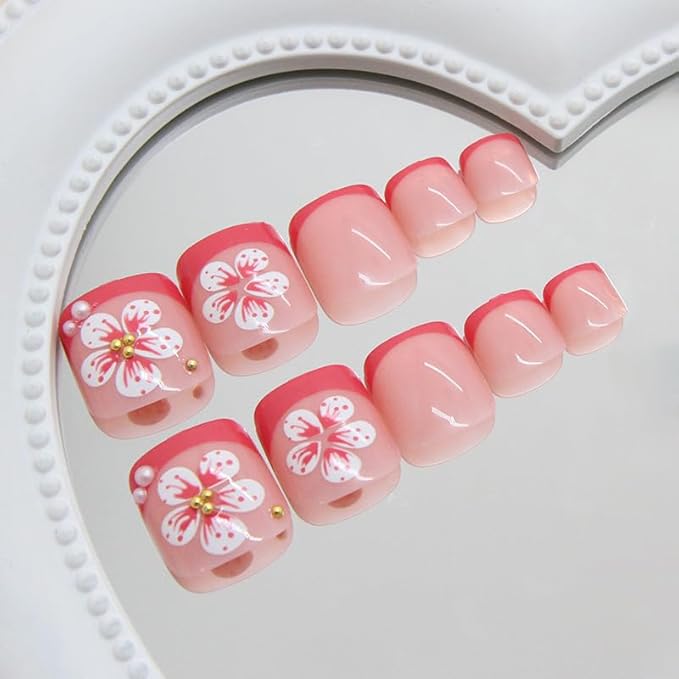24pcs Pink French Tip Press on Toenails Short Square Pink White Flower Fake Toe Nails Kit with Pearl Gold Beads Lily Designs Summer Floral Full Cover False Toenails for Women Manicure Decoration