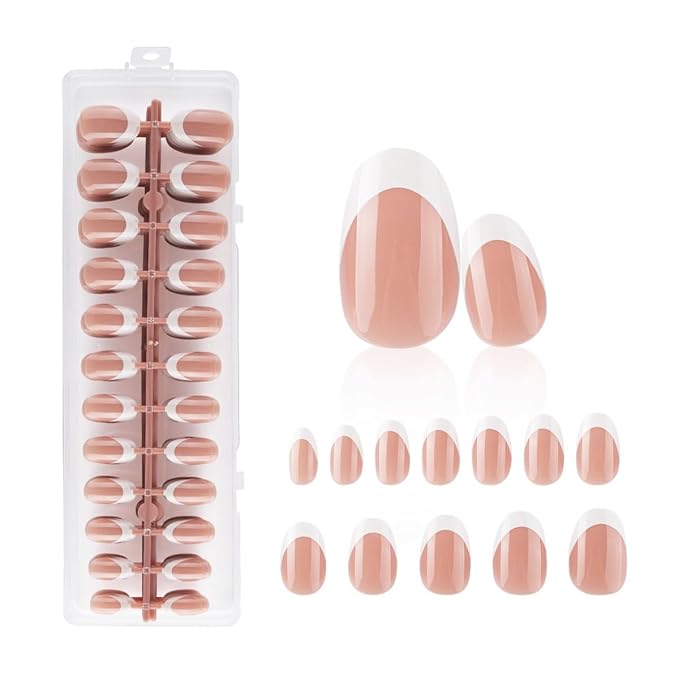 Lamemoria Pre-Design Brown Gel French Nail Tips, Short French Tip Press On Nails Oval Shape, Basic Fake Nails With Glue Tabs 240 Pcs/Set