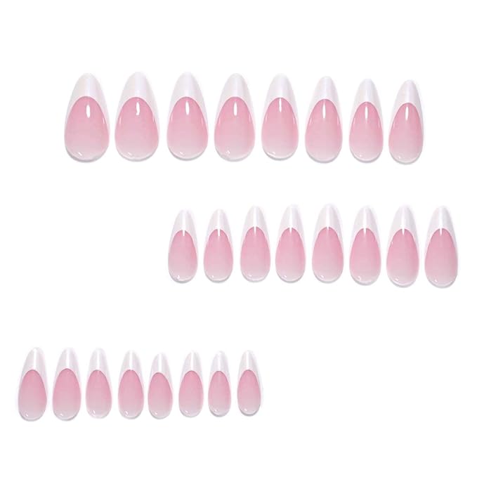 French Tip Press on Nails Medium Almond Fake Nails Press ons with Subtle Aurora Designs White Deep French Tip Reusable Acrylic Nails Full Cover Artificial Stick on Nails for Women Manicure 24Pcs