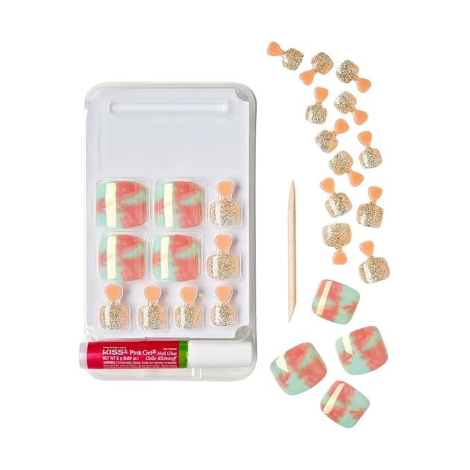 GoldFinger Trendy Press On Fake Toenail Kit Wider Fit, Marble Abstract Print & Glitter Sprinkle Color, Ready to Wear Gel & Manicure Stick, Mini Glue included, Long-Lasting Convenient & Easy to Apply