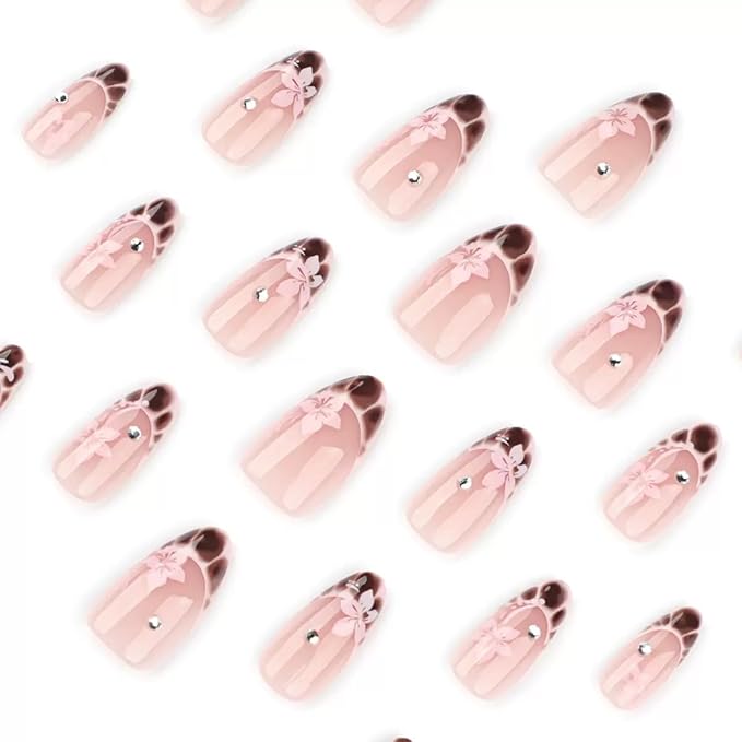 Short Press on Nails Almond - Brown French Fake Nails with Flower Crack Design - Fall False Nails Full Cover Stick on Press ons - for Women Manicure 24 Pcs