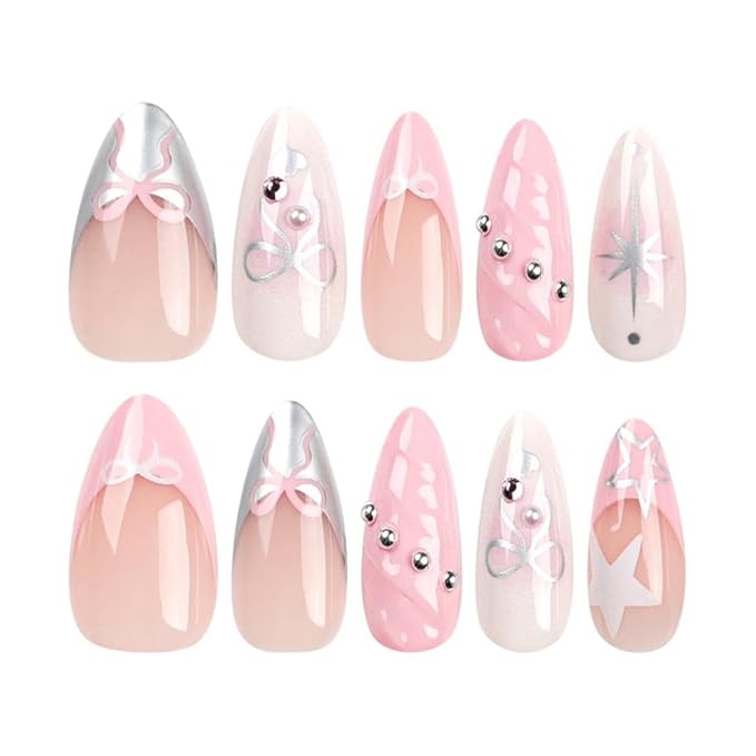 Pink French tips Press on Nails Medium Almond Fake Nails with Design Silver Bow Glue on Nails Water Ripple Stick on Nails Glossy Reusable Summer False Nails for Women Girls Manicure 24pcs