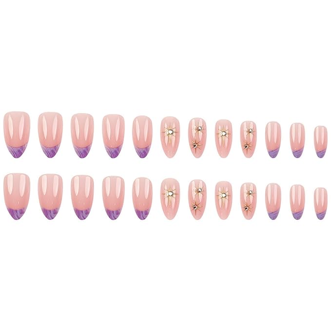 Medium Press on Nails Almond Fake Nails French False Nails Purple Artificial Nails with Gold Star and Rhinestones Designs Nude Stick on Nails for Women 24pcs