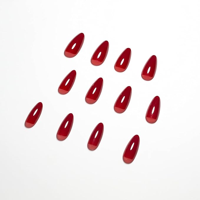 Red Wine Press On Almond Shaped Medium Nails - Neutral Acrylic, Reusable Fake Nails for Women Girls, Glue On Stiletto False Nails, Soft Gel Artificial