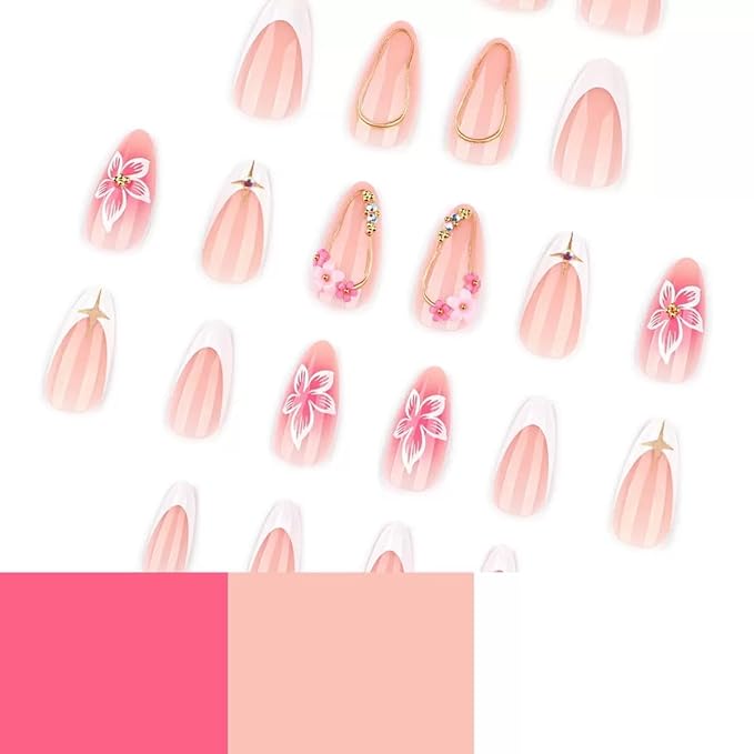 Press on Nails Almond - Medium Fake Nails with Flower Design - Gold Line, White French Tip False Nails - for Women 24 Pcs