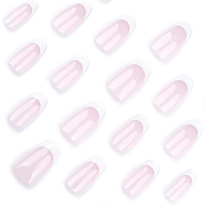 French Press on Nails Medium Almond Fake Nails Milky White Nails Press ons with Design Full Cover Stick on Nails for Women French Manicure,Reusable | Nail Sticky Tabs | Easy Apply | 24Pcs