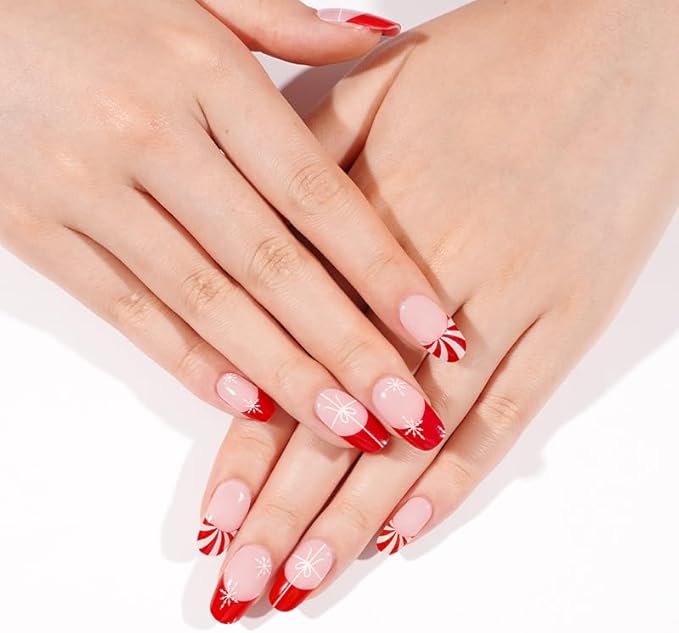Semi Cured Gel Nail Strips 20 Pcs Christmas Red French Tip Gel Nail Wraps, Stickers, UV Light Required Nail Art Design Decoration Accessories