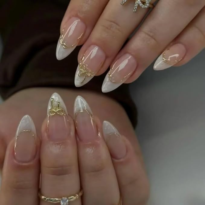 Press On Nails Almond Shape Hnadmade Fake Nails, Acrylic Nails Cute Bow French Reusable Artificial Almond False Nails for Women (Size M)