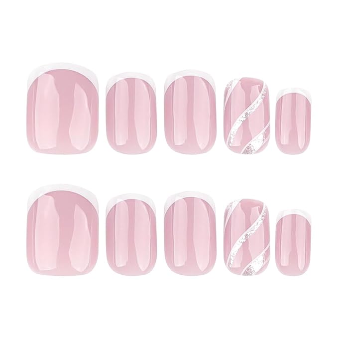 White French Tip Press on Nails Short Square Silver Lines Fake Nails Pink Stick on Nails Reusable Glossy Acrylic False Nails Press ons Artificial Glue on Nails for Women 24 Pcs