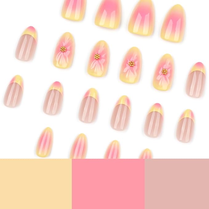 Summer Press on Nails Short Almond Fake Nails Cute Yellow Pink Nails Press ons with Flower Design Full Cover Stick on Nails for Women Manicure,Reusable | Nail Sticky Tabs | Easy Apply | 24Pcs