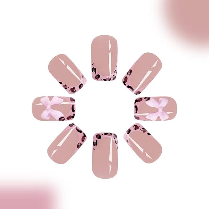French tips Press on Nails Short Square Fake Nails with Leopard Design Pink 3D Bow Charms Glue on Nails Glossy False Nail tips Reusable Spring Nails for Women Girls Manicure 24pcs