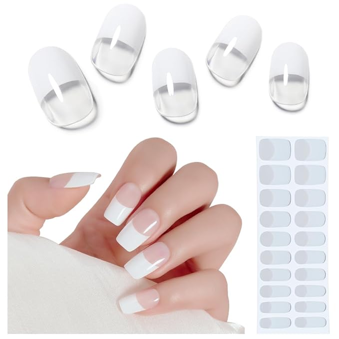Arte Clavo Semi Cured Gel Nail Strips, 20 Pcs Gel Nail Stickers with UV Light Required, Salon Quality, Long Lasting, Easy Apply and Remove (White French)