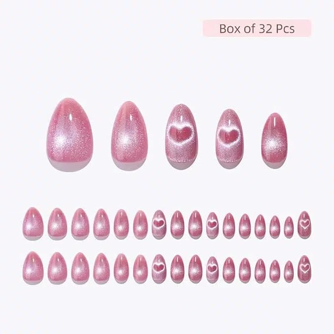 Press On Nails - Love Beam | Heart Cat Eye, UV Finish Almond Nails, Salon Quality | 32 Nails, 16 Sizes Kit with Glue and Adhesive Tabs I Female Founded - Beauty, Self Care