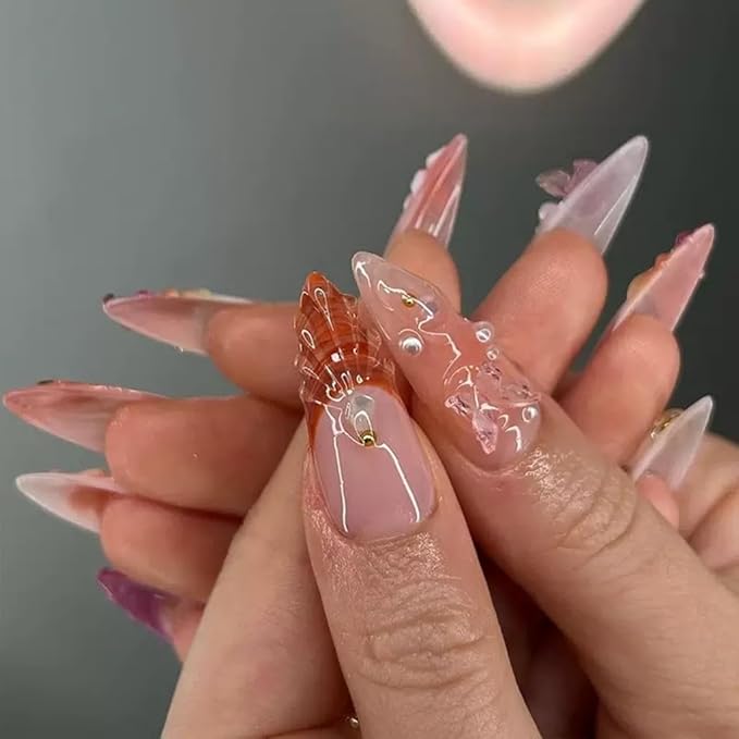 Press on Nails Medium Almond - Flower Fake Nails with 3D Shell Pattern Design - Colorful Full Cover Stick on False Nails - for Women Manicure 24 Pcs
