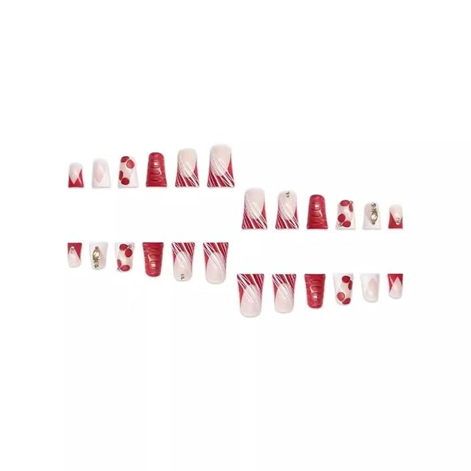 Red Press on Nails Flower Fake Nails Duck Nail Press ons with Diamond Design French Tip Glue on Nails Reusable Artificial Acrylic Glossy Full Cover Stick on Nail for Women Manicure 24Pcs