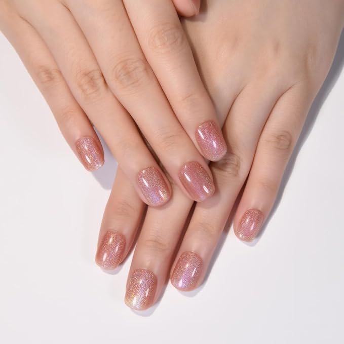 Cat Eye Pink Glitter Press On Nails Short Square, Designer Reusable Acrylic Fake Nails with Glue, Glossy Soft Gel Nails Wedding and Party, Stick On Glue On Nail, Nails Press Ons for Women