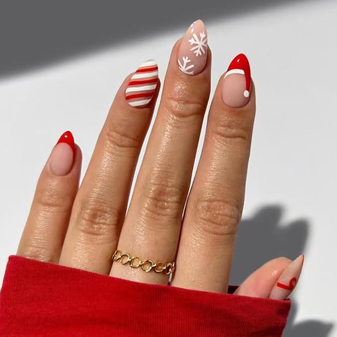 Christmas Nails Press On, Short Almond Press On Nails Red French Fake Nails With Bow Stripes Designs Acrylic Artificial Glue On False Nail Press Ons Stick On Nail for Women Girls