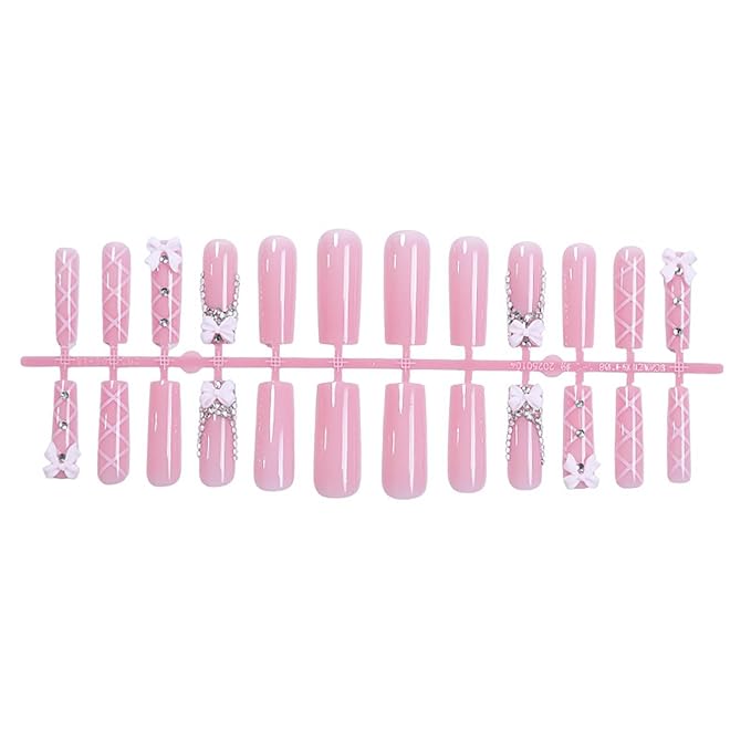 24Pcs Press on Nails Long Square French Tip Fake Nails Pink Full Cover False Nails with Bow Designs Square Nail Press ons Long Glue on Nails Cute Stick on Nail for Women