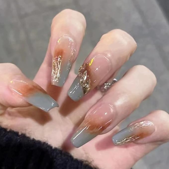 Ombre Press On Nails, Long Ballerina Style, Nude to Gray with Gold Accent, Handmade False Nail 10 Pieces (Small,LB)