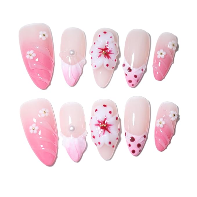 10 Medium Handmade Press On Nails | with 3D Floral and French design False Nails | Skip Salon Trips, Easy to Apply & Remove, Reusable (A010, XS)