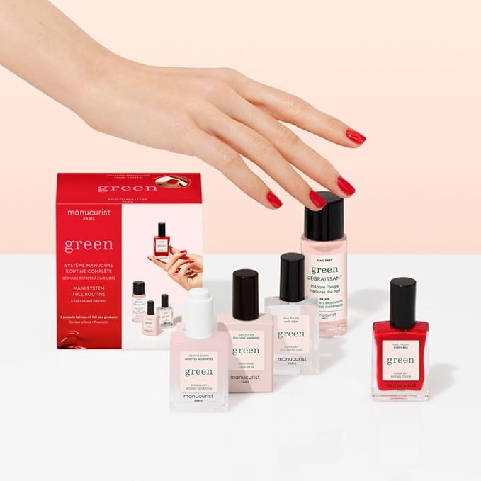 Manucurist System Green™ (Poppy Red) - Professional Manicure Gift Set, Vegan : 1 Nail Prep, 1 Base Coat, 1 Poppy Red Nail Polish, 1 Top Coat, Drying Drops - Manicure Kit - Gifts for Her