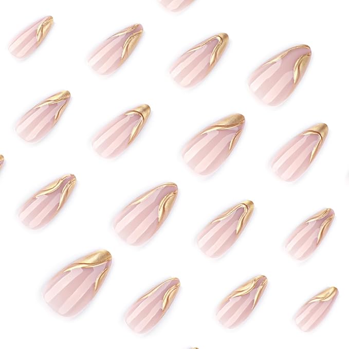 Almond Press on Nails Gold Fake Nails French Tip False Nail Press ons with Design Reusable Artificial Nail Full Cover Glossy Glue on Nail Stick on Nails for Women Manicure 24 Pcs