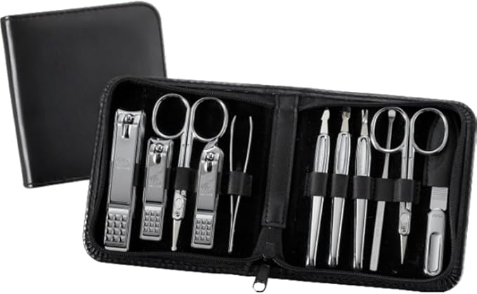 777 Three Seven TS-810C Nail Care Set - 11 Essential Tools, Made in Korea, 50 Years Heritage, Black / Chrome