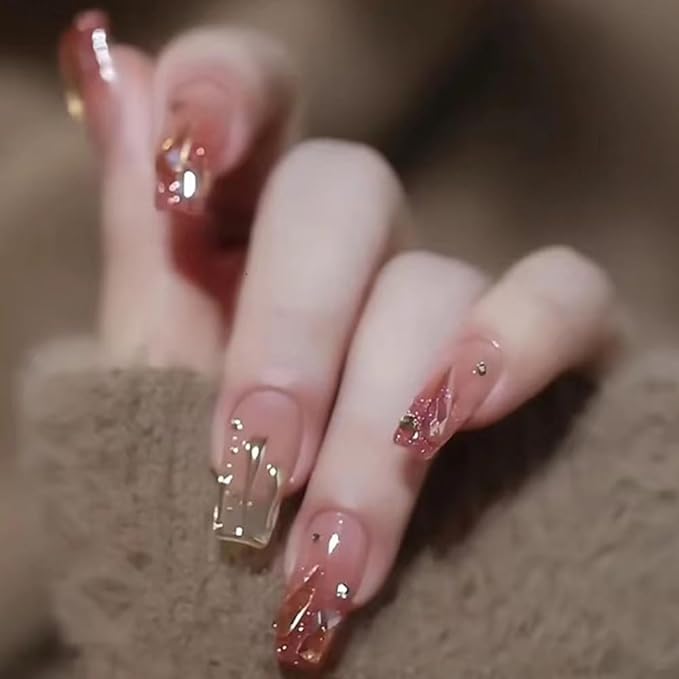 Press On Nails, Medium Length Red Translucent False Nails with Gold Rhinestones, Flame Diamond Texture False Nails for Women and Girls Fake Nails(with free toolkit)