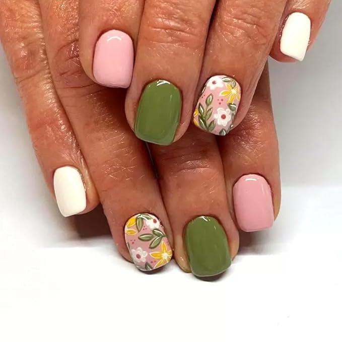6 Packs (144 Pcs) Press on Nails Short Square Fake Nails Flower False Nails with Designs Spring Summer Floral Glue on Nails Full Cover Glossy Acrylic Stick on Nail for Women Manicure